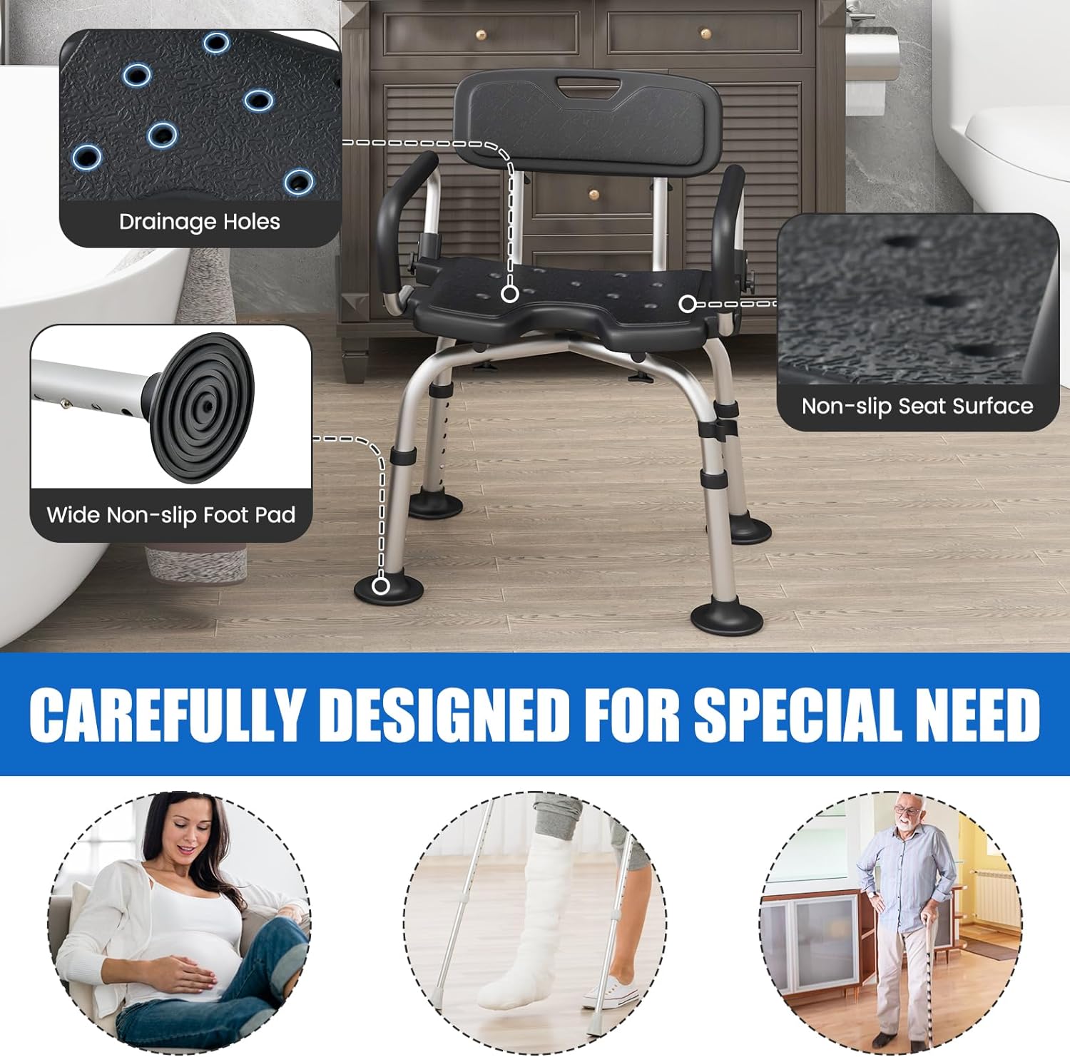 Costway Black Shower Chair U-Shaped Cutout with Back & Lifting Armrest NDIS and Aged Care