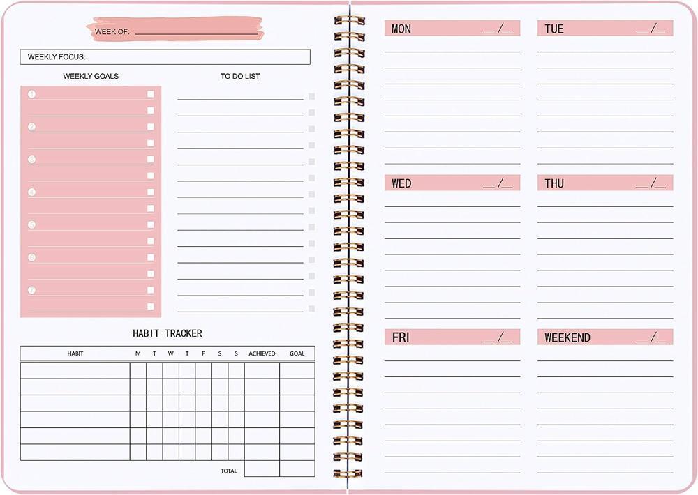 Weekly Planner- Weekly Goals Notebook, A5 To Do List - 5.7 x 8.0" - Pink