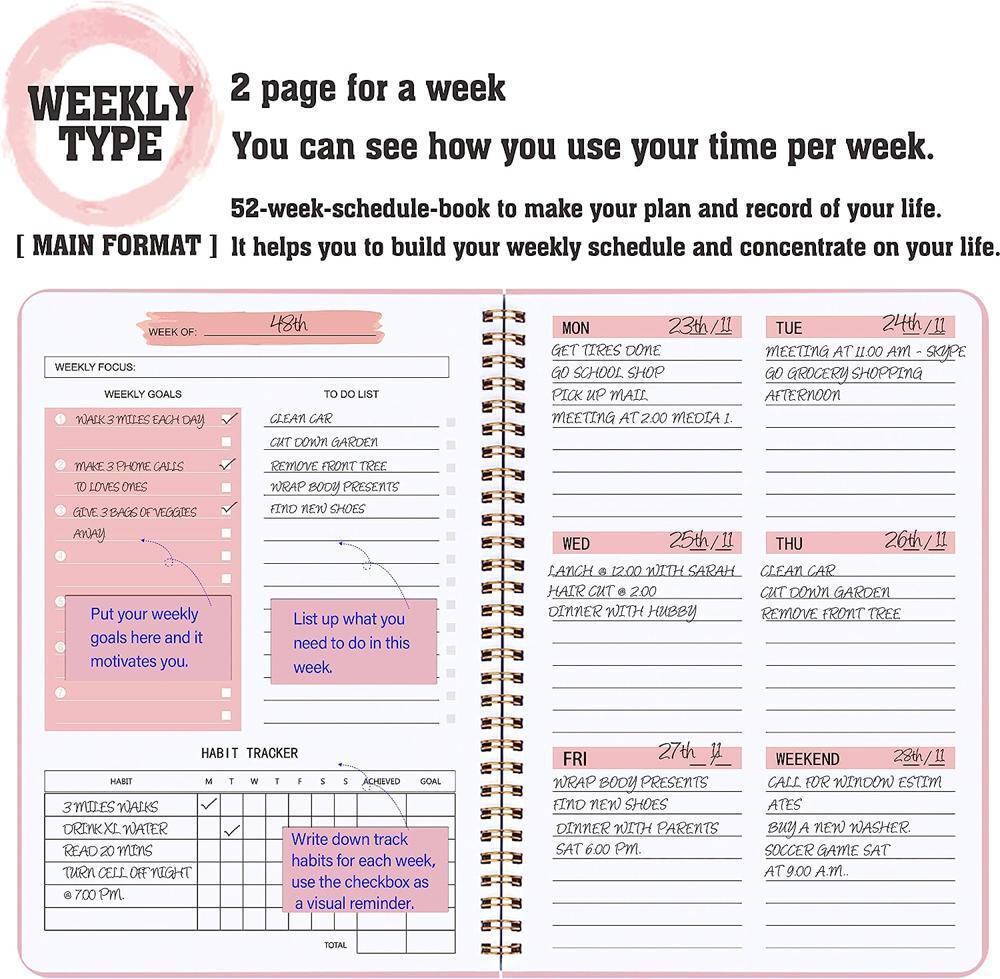 Weekly Planner- Weekly Goals Notebook, A5 To Do List - 5.7 x 8.0" - Pink