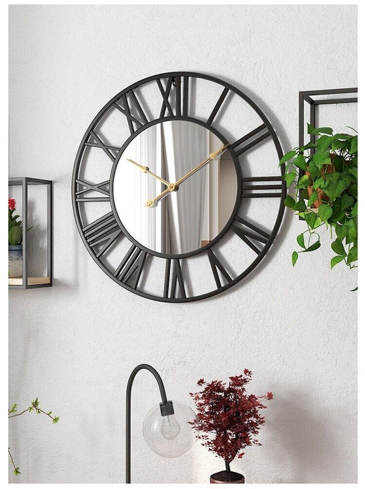 Circular Wall Clock European Style Black 40 cm Iron Art Mirrored