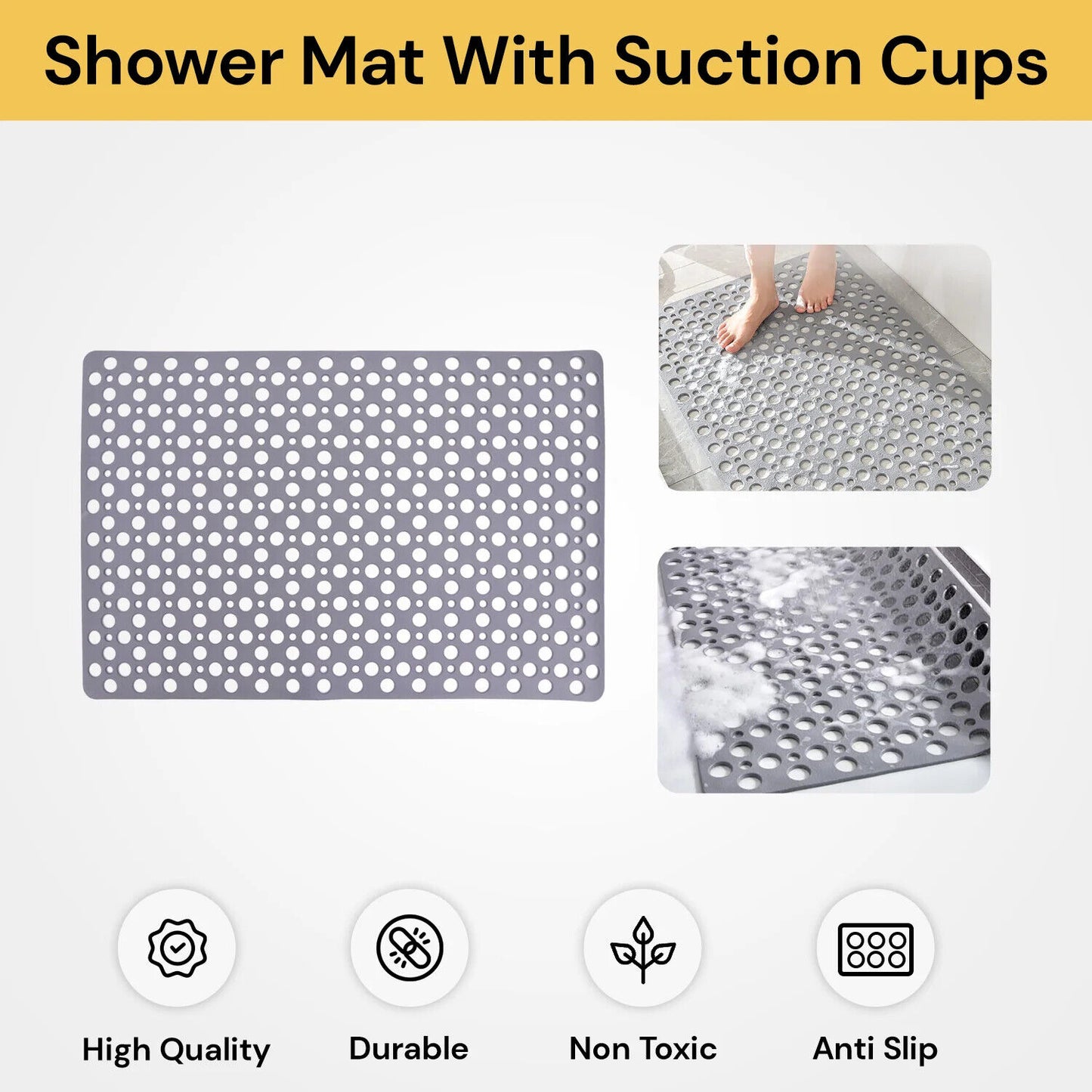 Non-Slip Anti-Mould Bath Mat for Shower, Bathtub, and Bathroom Floor with Suction Cups